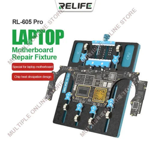 Laptop motherboard repair fixture with multiple clamps and holders